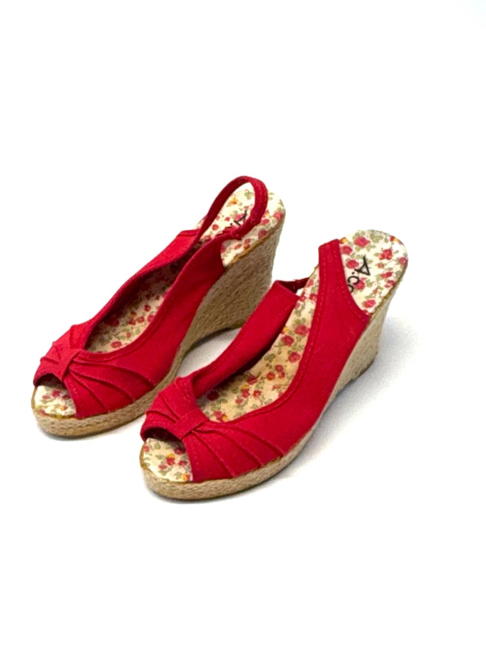 A.co Red Canvas Wedge Sandals Slingback Espadrilles Floral Insole Size 9 / 39